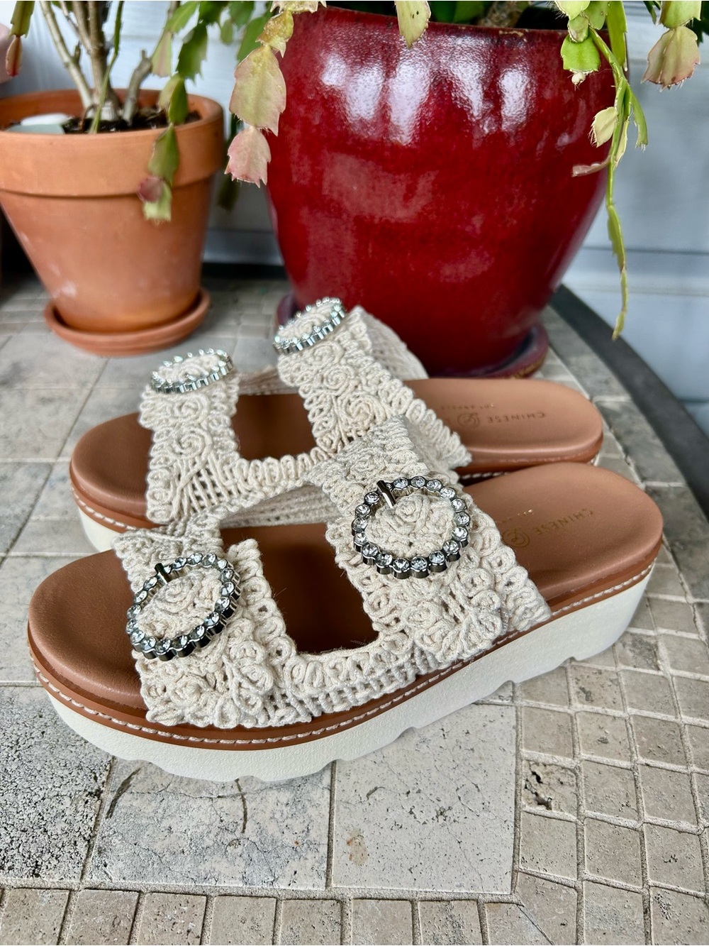 Chinese Laundry SonderCream Macramé Slide Sandals with Crystal Buckles Sz 6.5